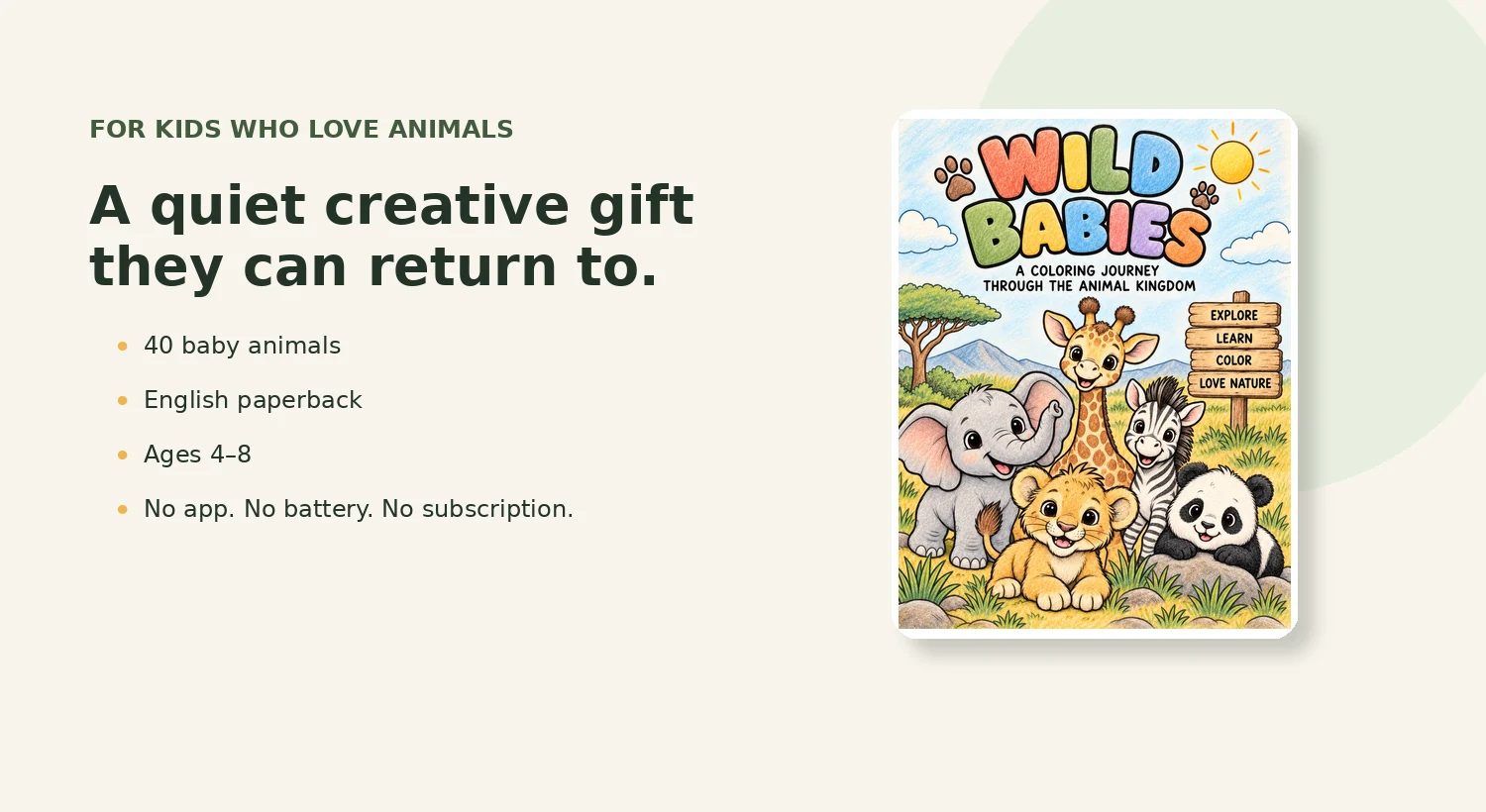 Baby animal coloring book gift idea for kids ages 4 to 8 who love animals and creative activities