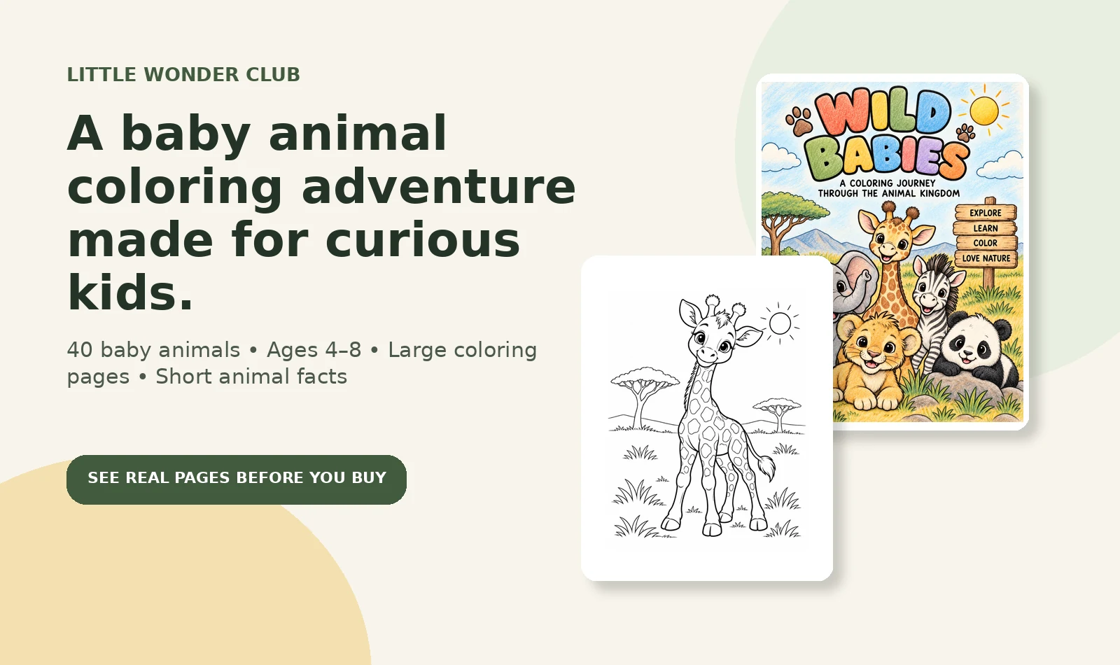 Wild Little Wonders Baby Animals coloring book with a real giraffe calf coloring page for kids ages 4 to 8